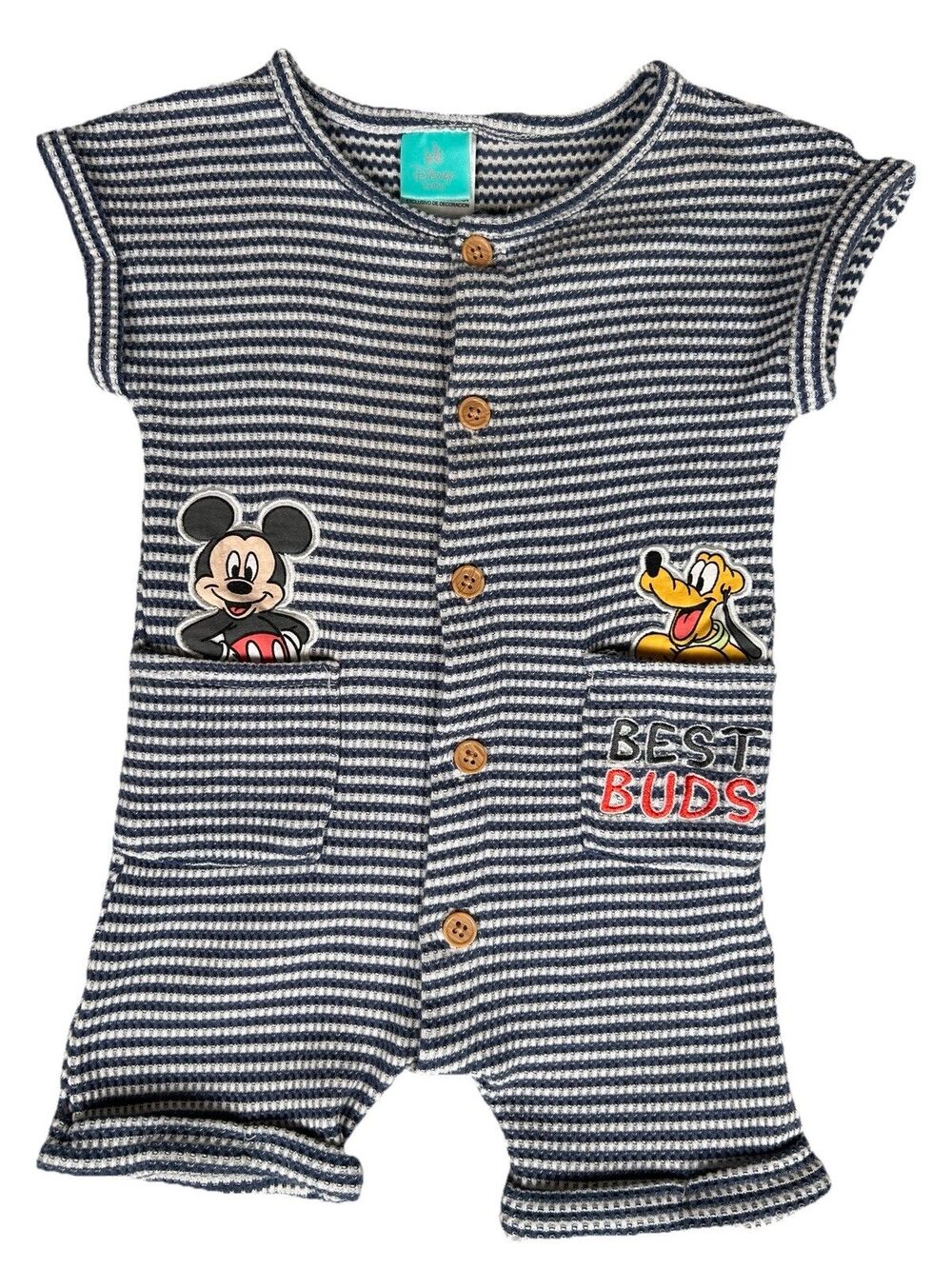 Disney Baby Mickey Mouse Pluto Striped Waffle Knit Romper Navy White 12M